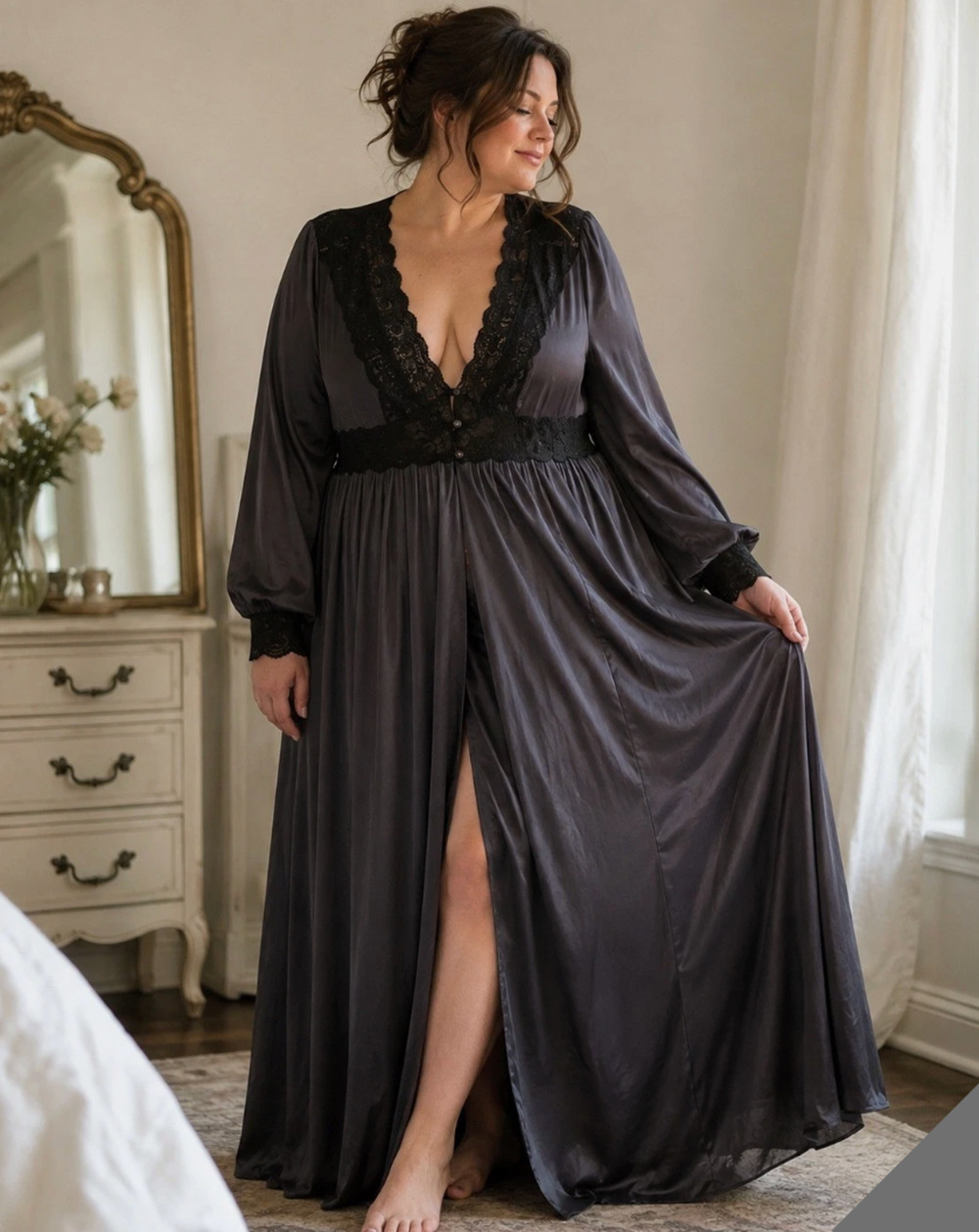 Vintage Shadowline 1X Black Lace Peignoir Duster Robe Maxi Romantic Boudoir Goth